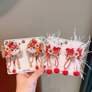 Traditional Chinese koi embroidery hair clips with red feathers and lucky bells for girls