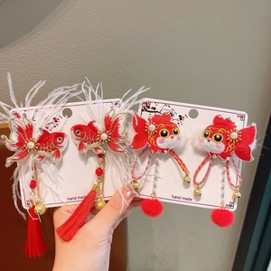 Chinese New Year embroidered goldfish hair clips with red tassels and soft feathers