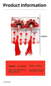 Detailed size view of Chinese Opera style hair clip with red tassels and beads