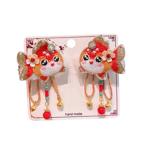 Chinese New Year festive embroidered goldfish hair clips with bells and red tassels