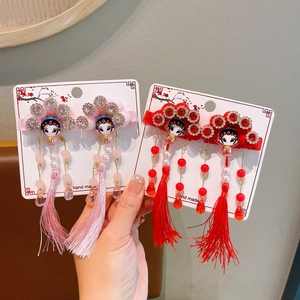 Traditional Chinese Style Peking Opera Mask Tassel Hair Clips Fabric Rhinestone Artificial Pearl Hairpins For Girls Celebration Accessories