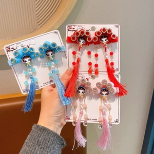 Chinese Opera mask hair clips with tassels and pearls for girls' festive costumes