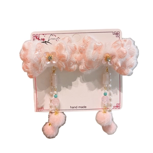 Pink winter Hanfu hair clips with floral embroidery, fur trim and long tassel pompons