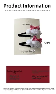 Close-up of plush white puppy hair clip with red checkered bow and BB clip, width 3cm