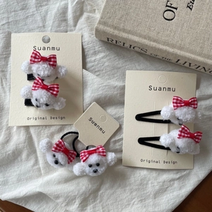 Kids Cute Plush Dog Hair Clip And Hair Tie Set With Red Checkered Bow Korean Style Cartoon Hair Accessories For Girls