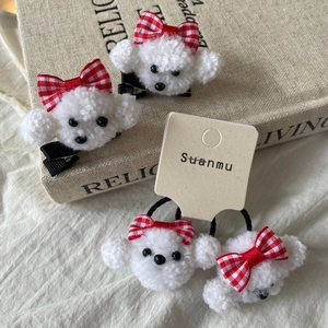 Cute white plush puppy hair clip and scrunchie set with red gingham bows for women