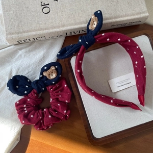 Navy and burgundy bow headband and scrunchie set with white stars and bear embroidery