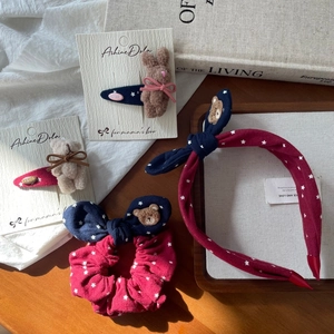 Pink and navy star print bow headband and hair clips set with cute plush bears