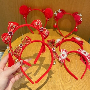 Serre-Tête Rouge Nouvel An Chinois Enfants Nœud Papillon Gland Cloches Perle Artificielle Strass Accessoire Cheveux Festif