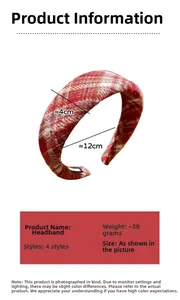 Detail view of red plaid padded headband showing 4cm width and 38g weight measurements