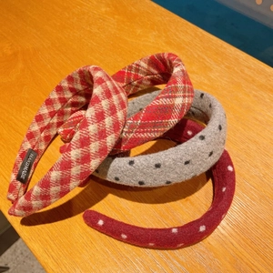 Vintage Red Plaid Polka Dot Padded Headband For Women Wide Brim Woolen Fabric Hair Band Retro Handmade Winter Hair Hoop