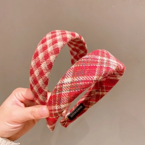 Handmade red and white plaid wide headbands for women with padded high-top fabric design