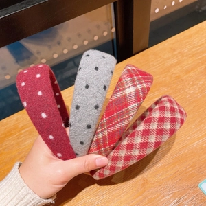 Set of four vintage wool plaid and polka dot wide headbands in red, grey, and brown colors