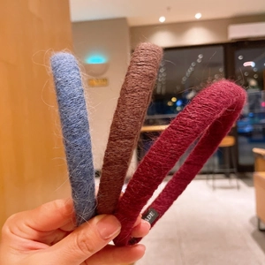 Chic winter knitted plush headband set in blue, brown, and burgundy colors for women