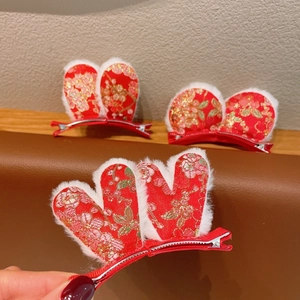 Chinesischer Stil Rote Plüsch Haarspangen Für Kinder Stickerei Blumen Kaninchenohr Geweih Haarnadeln Neujahr Haarschmuck