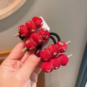 Élastiques à cheveux rouges avec pompons et sequins dorés pour filles Nouvel An