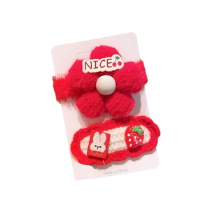 Chinese style red knitted bow hair clips for girls with cute floral and rabbit details