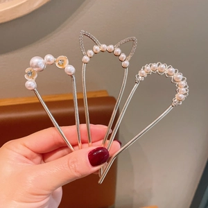 Vintage Antique Flower Artificial Pearl Hair Stick For Women Chinese Style Hanfu Hair Fork Gold Alloy Rhinestone Bun Hairpin Jewelry Gift