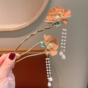 Elegant Chinese rose hair pin with orange enamel petals and pearl tassels for Hanfu style