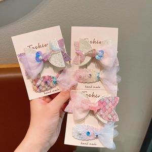 Princess style mermaid tail hair clips with tulle and pearls for girls hair accessories