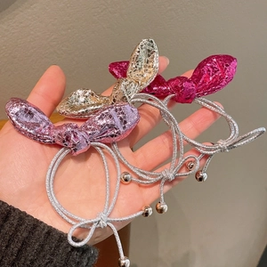 Set di tre elastici per capelli a orecchie di coniglio in viola, oro e rosa metallico