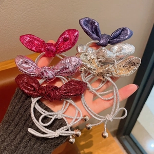 Elastici per Capelli Orecchie da Coniglio Ragazza Effetto Metallico Similpelle a Fiocco per Bambini Corde Elastiche con Perline