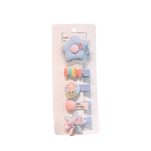 5-piece girl hair clip set with stars, flowers, and colorful fabric bow accessories