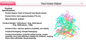 Detailed specifications of colorful rubber band hair rings with size and weight info
