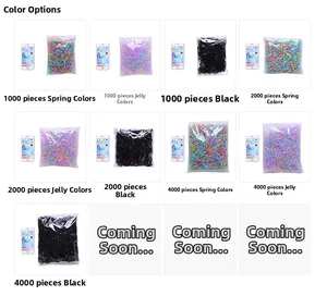 Detail view of colorful disposable elastic hair bands in various pack sizes and colors