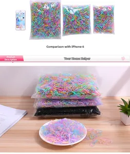 Colorful disposable rubber bands for kids shown in bulk with size reference guide