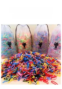 Colorful disposable hair elastics set in clear drawstring bags with cat patterns