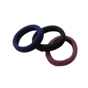 Three durable thick elastic hair ties in blue, black, and purple with woven texture