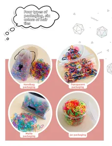Colorful elastic hair bands in four packaging options including bags and clear jars