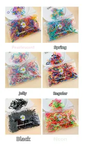 Detailed grid view of assorted colorful disposable hair ties in six vibrant style packs