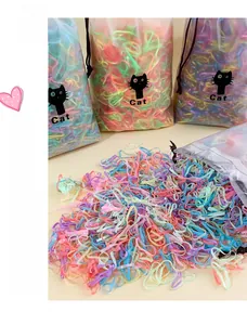 Bulk pack of macaron colored disposable rubber hair bands in a frosted cat drawstring bag