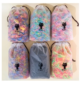 Six bags of colorful kids elastic hair bands in frosted pouches with cat prints