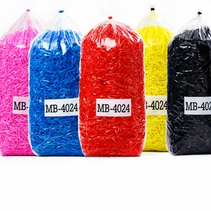 Detail view of colorful bulk hair elastic ties in five colors with MB-4024 labels