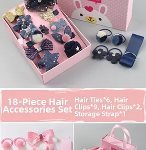 Detail van een 18-delige haaraccessoireset voor meisjes met strikken en schattige speldjes