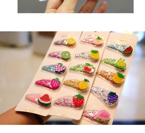 Detailed set of children fruit hair clips with colorful sequins in jelly drip oil style