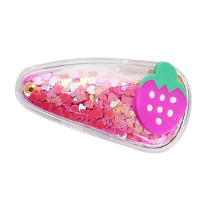 Kids strawberry glitter hair clip with pink heart sequins in a clear drop shape design