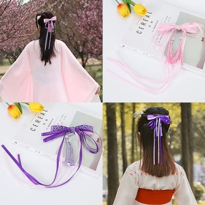 Vintage Chinese style hair clip with silk bow and long tassels with pearl accents