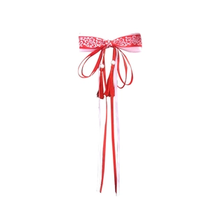 Vintage Chinese style hair clip with red silk bow, long tassels and white floral patterns