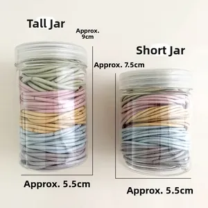 Two jars of colorful high-elastic hair ties in 9cm tall and 7.5cm short clear containers