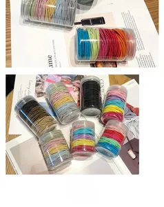 Colorful high-elasticity hair ties in a transparent cylinder jar on magazine