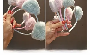 Detail von Plüsch-Bärenohr-Stirnbändern in Pink, Grau und Blau für Mädchen und Frauen