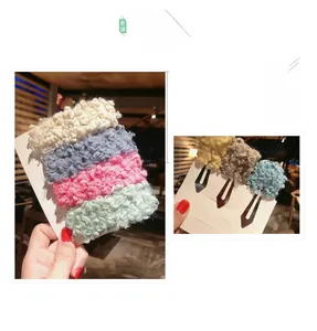 Plush lamb wool hair clips set in candy colors with metal BB clip back for women