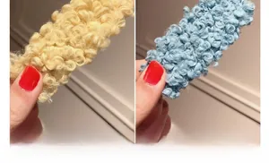 Detailed close-up showing soft curly lamb wool texture in pale yellow and sky blue