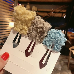 Three-piece colorful lamb wool BB hair clips in beige, grey, and sky blue colors
