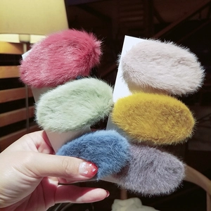 Korean Style Autumn Winter Plush Oval BB Hair Clip For Women Girls Soft Faux Rabbit Fur Hairpin Simple Elegant Side Clip Headwear