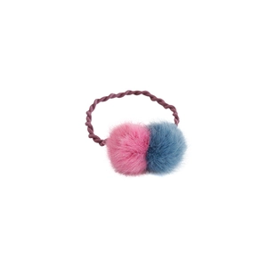 Minimalistisches Kunstpelz-Haargummi mit rosa und graublauen Bommeln und lila Gummiband